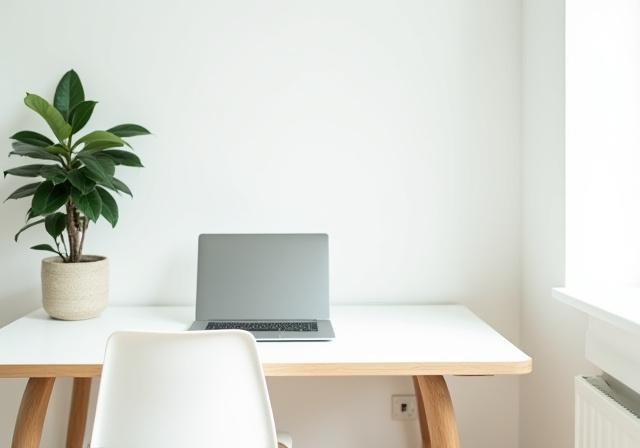 Ein aufgeräumter, minimalistischer Schreibtisch mit Laptop und digitalen Dokumenten