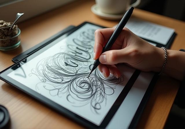 Kalligraphie-Künstler nutzt digitale Stifte auf einem Tablet