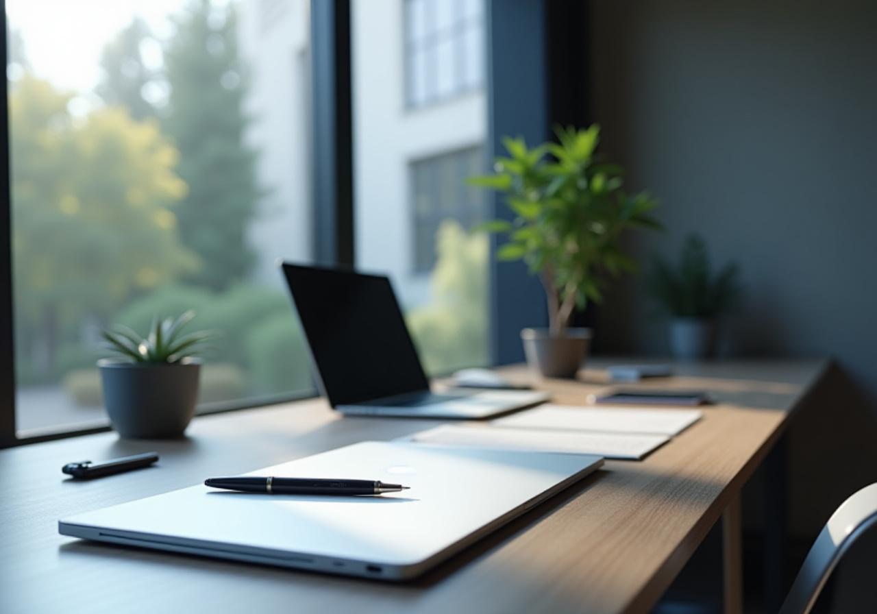 Ein moderner, minimalistischer Arbeitsplatz ohne Papierstapel, nur mit einem Laptop und Kalligraphie-Werkzeugen