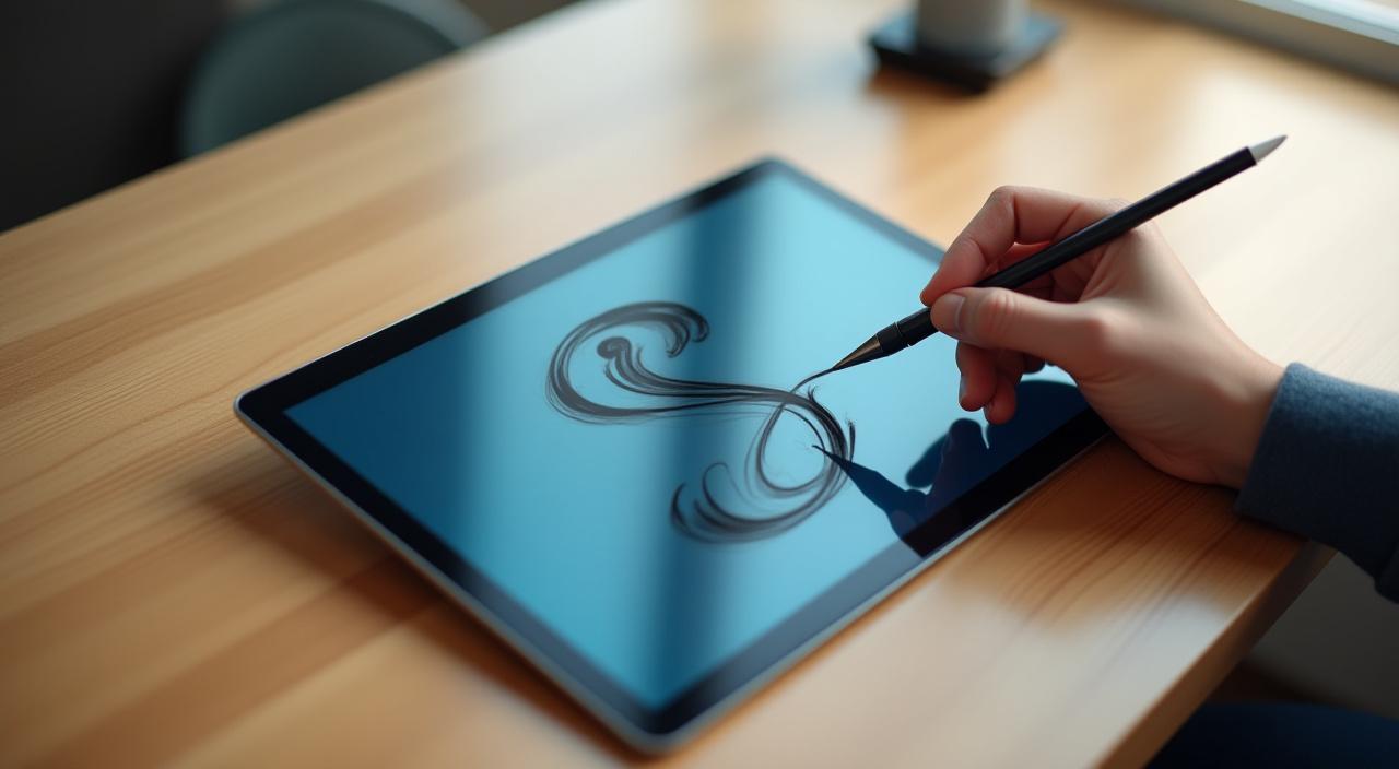 Ein Künstler nutzt einen Stylus auf einem Tablet für feine Kalligraphie-Striche