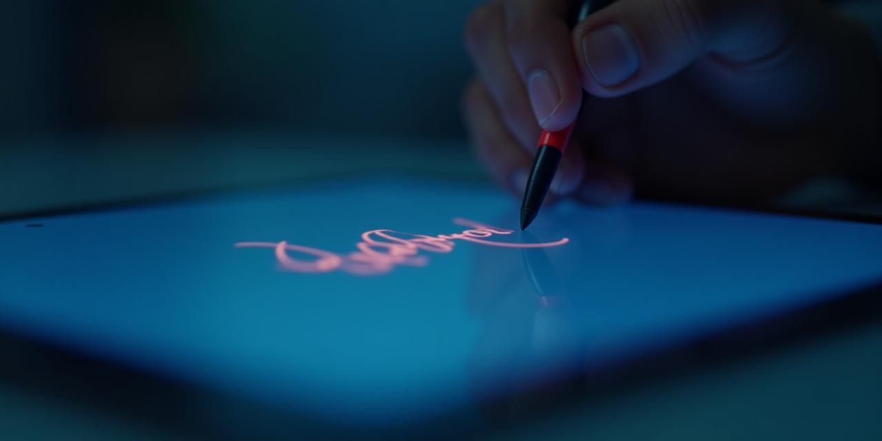 Nahaufnahme eines Stylus-Stifts auf einem Tablet mit einer eleganten digitalen Signatur
